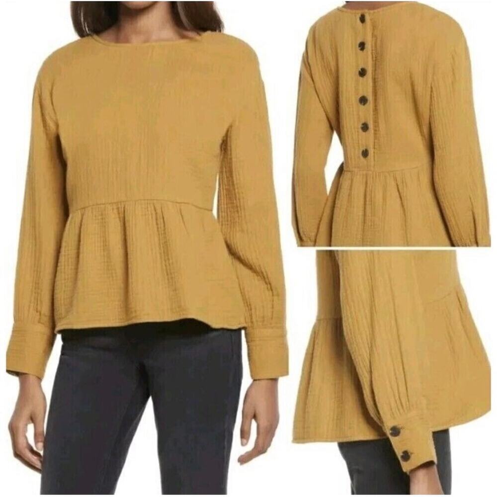 Madewell Lightspun Button Back Cotton Gauze Peplum Top Medium Mustard Yellow